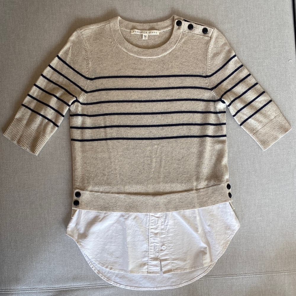 Veronica Beard Beige and Navy Striped Sweater